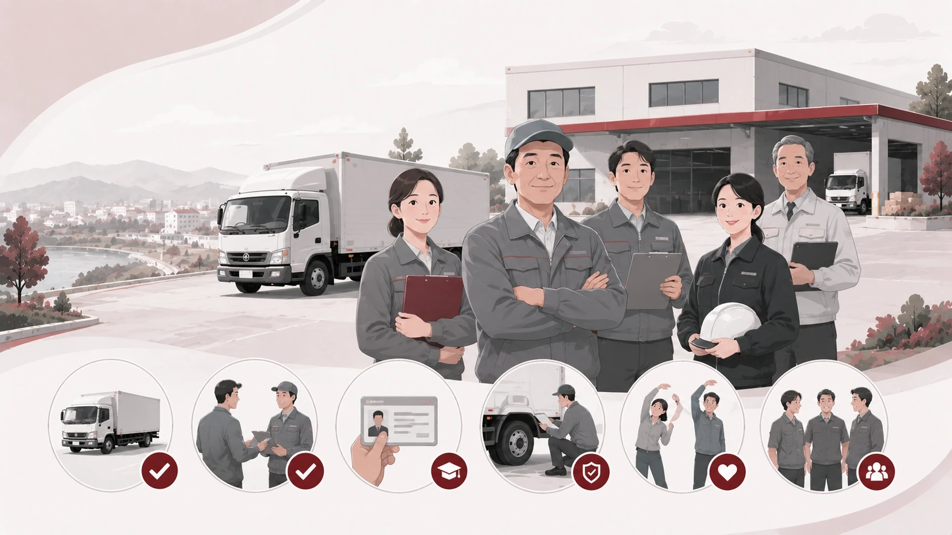 石川運送株式会社で働く人と職場の雰囲気を表すイラスト